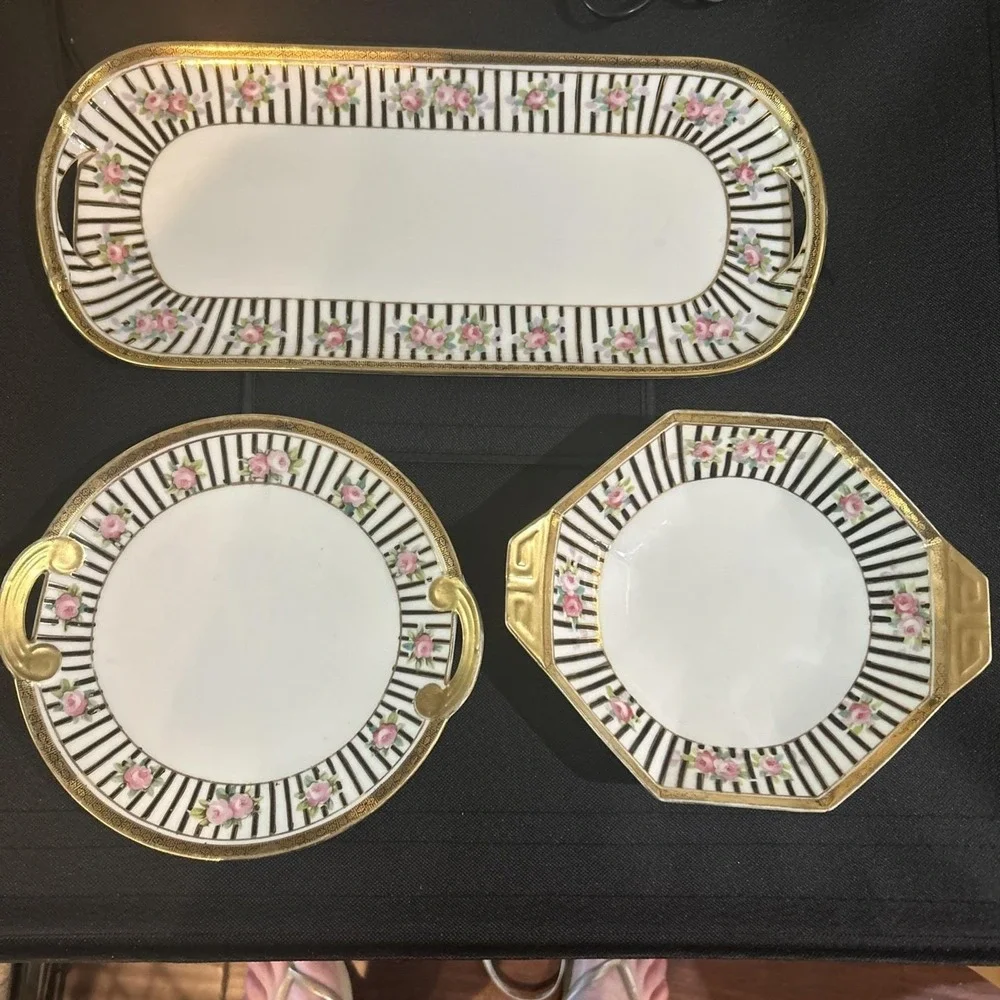 Vintage Nippon porcelain serving dishes set/three hand-painted different sizes
